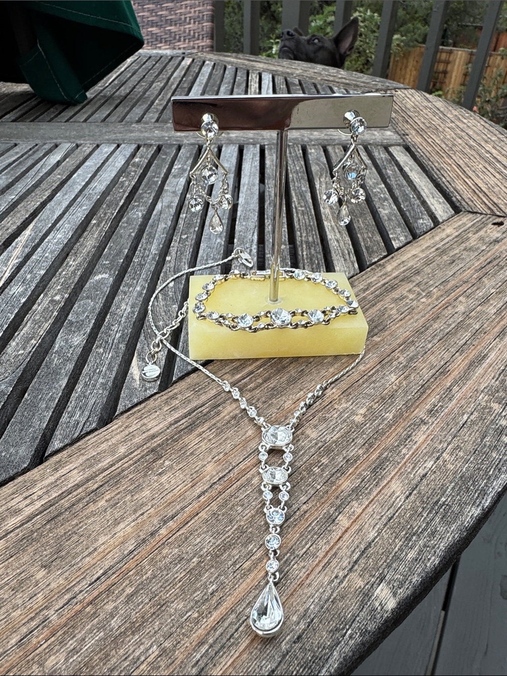 Vintage Givenchy 3-pc Silver Crystal Set— drop earrings, bracelet, and necklace